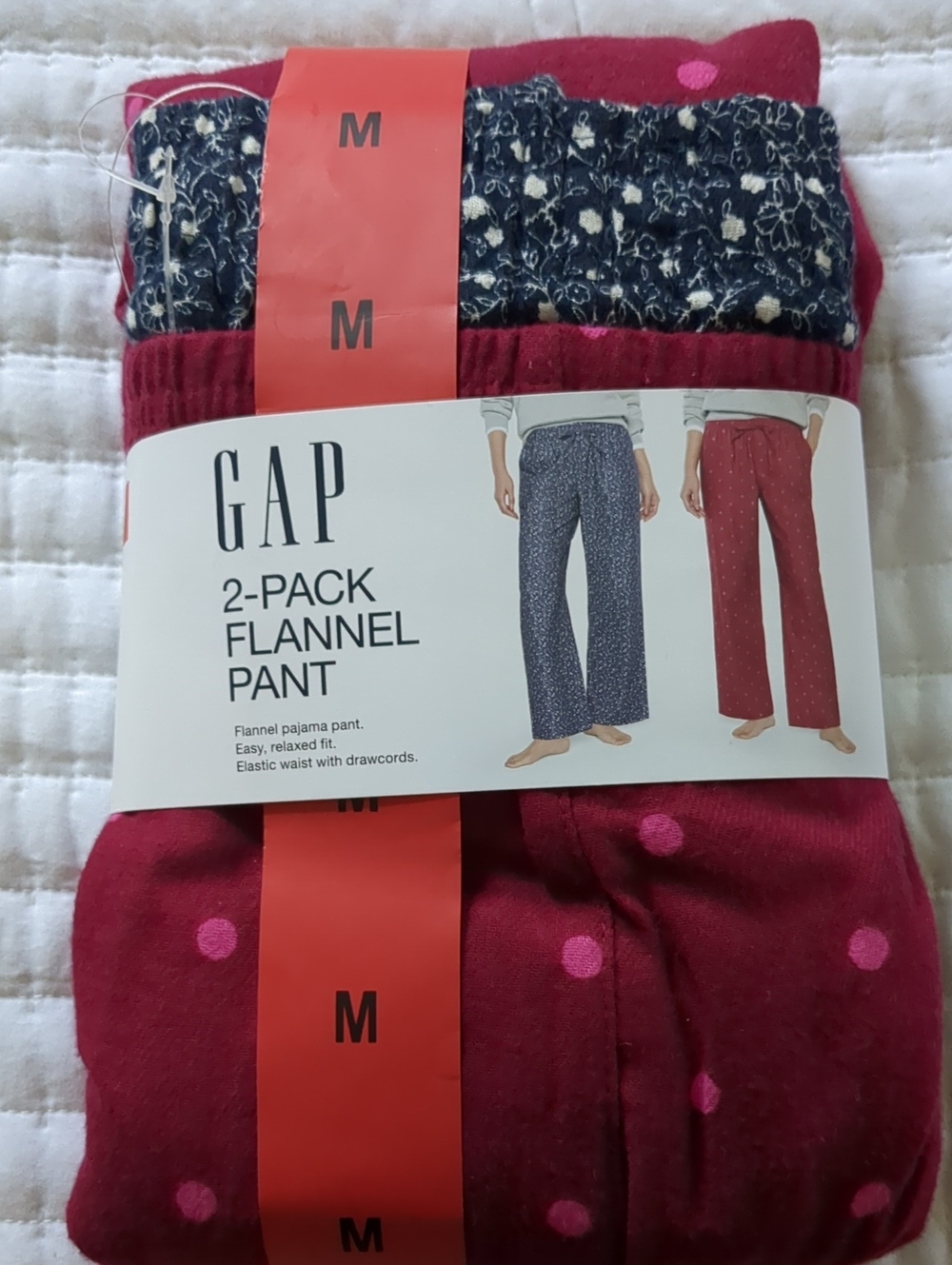 NWT GAP 2-Pack Flannel Pants - Burgundy with Pink Dots & Navy Floral SIZE M